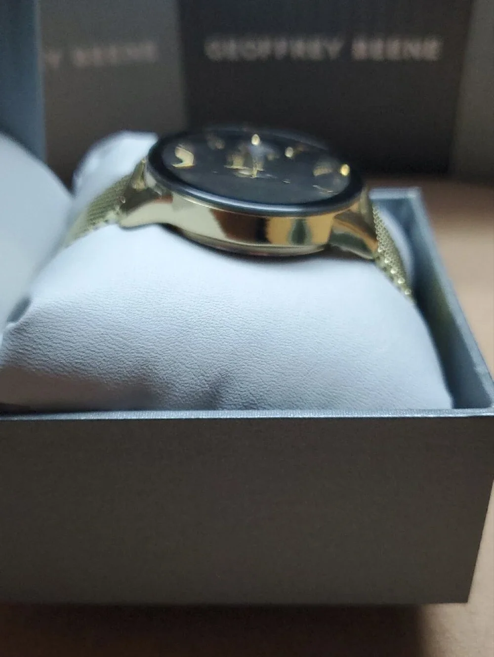 Geoffrey Beene Gold Tone Mesh Bracelet Watch with Black Dial